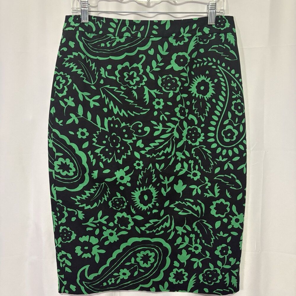 Boden Floral Print Pencil Skirt Green Black Lined Career Preppy Classic US 8Long